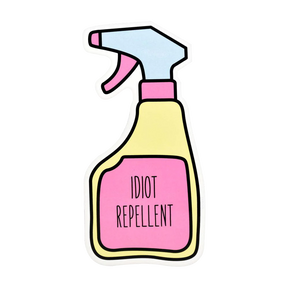 Idiot Repellent Spray Sticker, novelty gift, 2.75" x 5.5", front view on white background