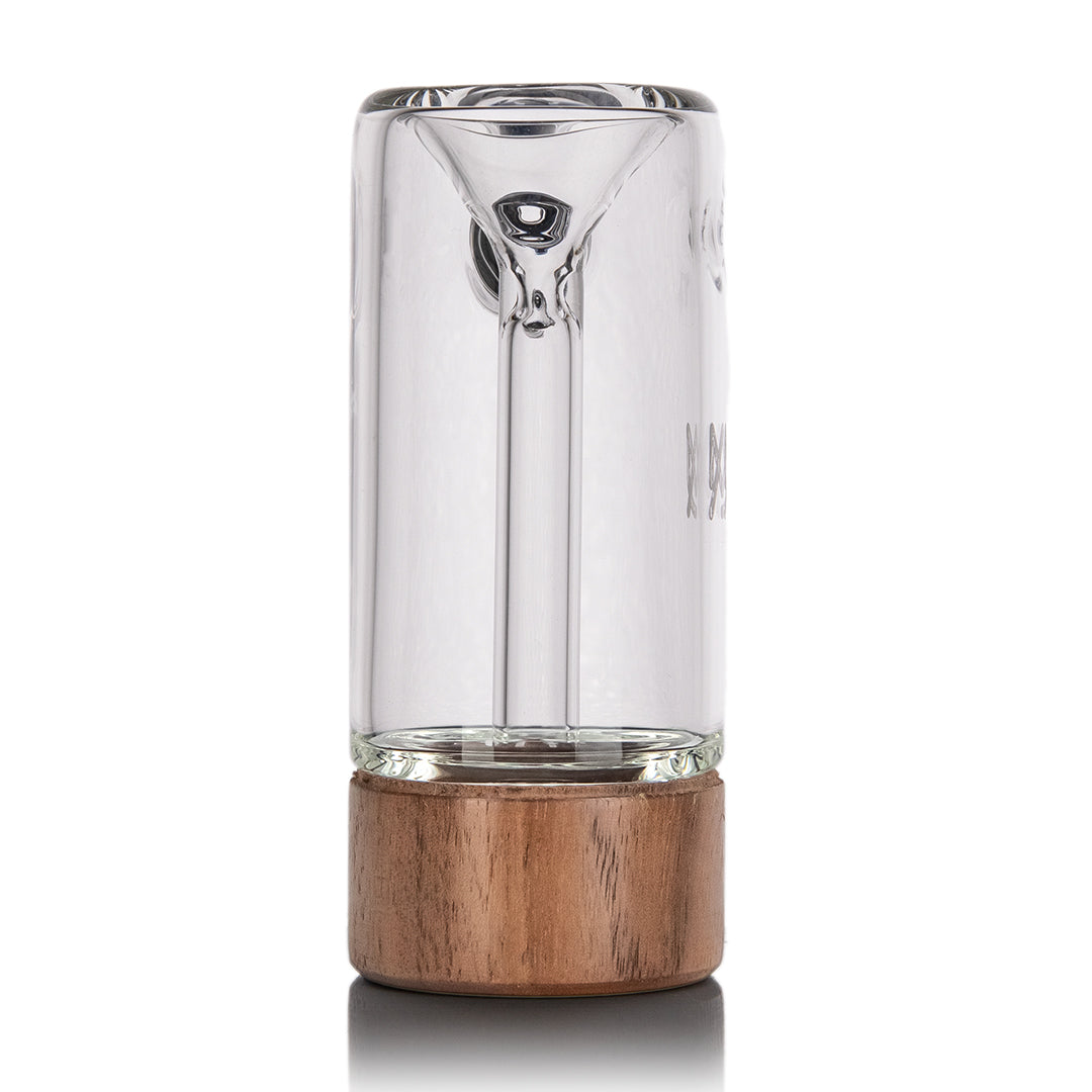 MJ Arsenal Alpine Series Steamboat Bubbler, compact borosilicate glass with wooden base, front view