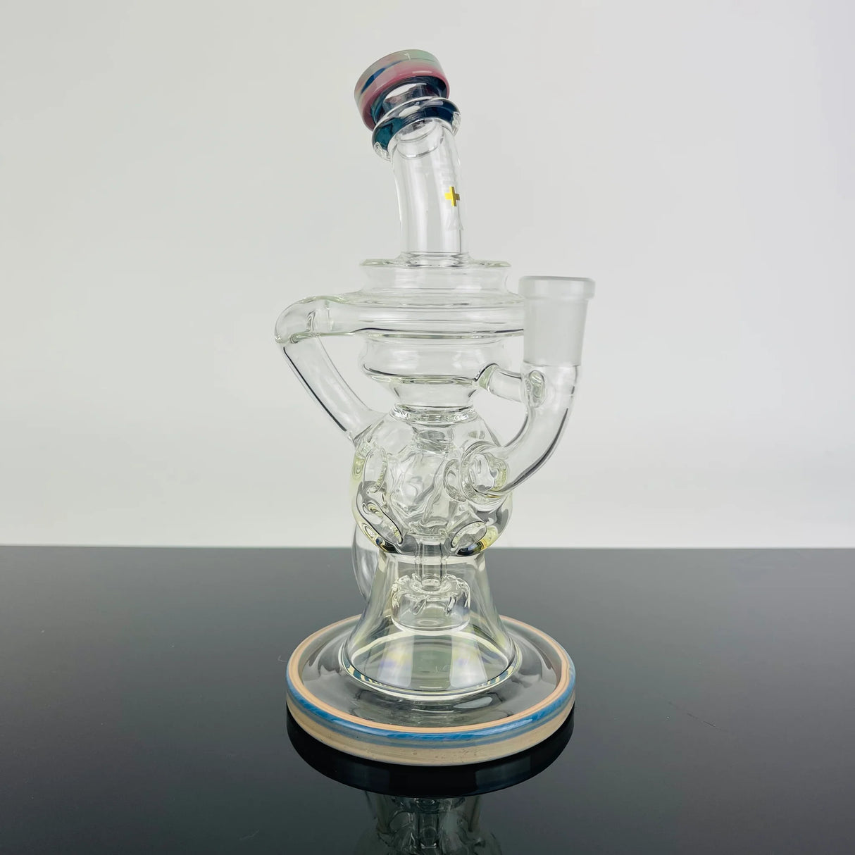Beta Glass Labs Omega 2.0 clear dab rig with slyme accents, 90-degree banger hanger design