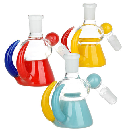 Multicolor Dry Ash Catchers in red, yellow, and blue, 3.5" tall, 14mm joint, borosilicate glass