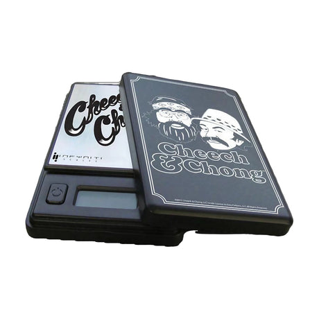 Infyniti Cheech & Chong Virus pocket scale with 500g capacity, angled view on striped background