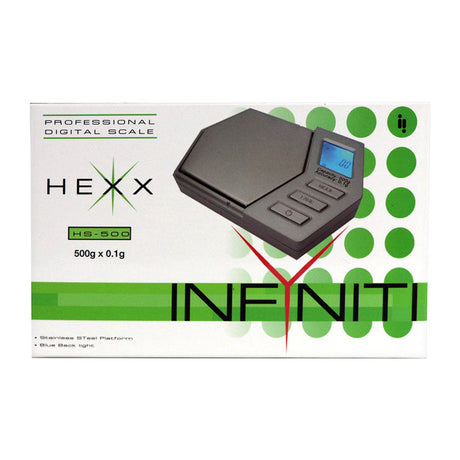 Infyniti Hexx black pocket scale with a capacity of 500g x 0.1g, front view on packaging