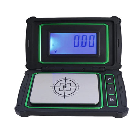 Infyniti Prism Digital Pocket Scale open front view with blue LCD screen and metal weighing platform