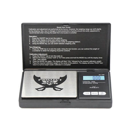 Infyniti Protect Ya Neck Records G-Force Pocket Scale open view, 100g x 0.01g accuracy, with blue LCD