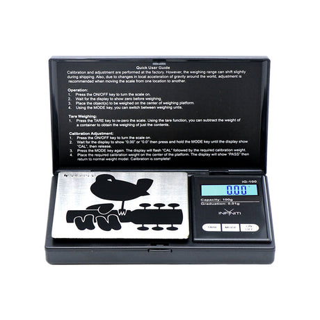 Infyniti Woodstock G-Force Pocket Scale open view showing digital display and calibration weight