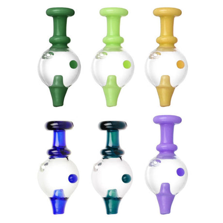 Assorted UV Reactive Internal Spinning Ball Carb Caps made of Thick Borosilicate Glass, Front View