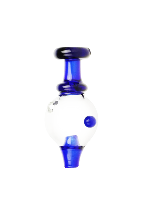 Borosilicate glass spinning ball carb cap, UV reactive, front view on white background