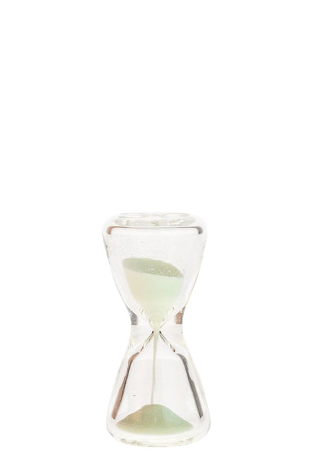 Invasion Glass - 30 Second Hourglass Dab Timer, clear with green sand, front view on white background