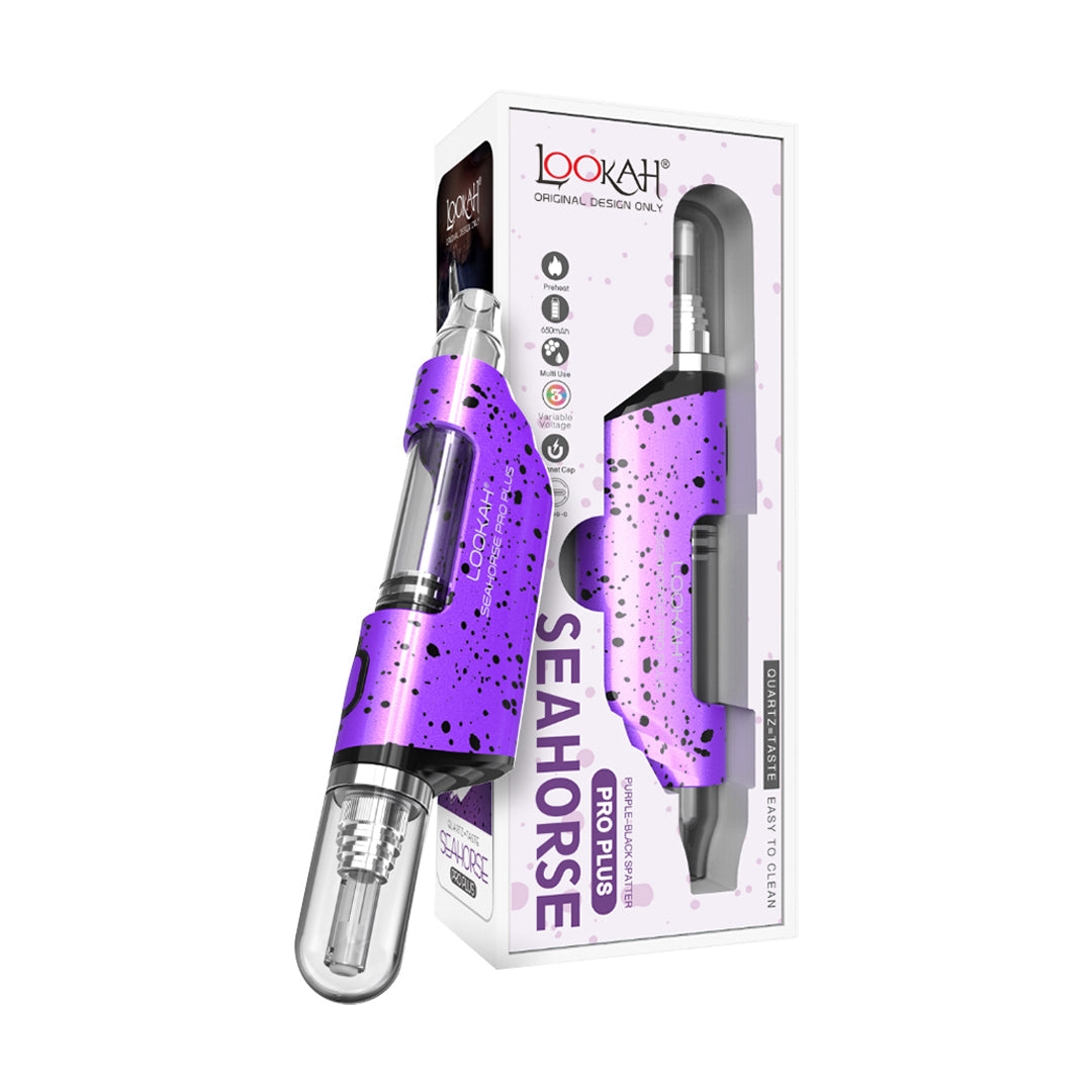 Lookah Seahorse Pro Plus vaporizer in purple with box, easy-to-use design, front view