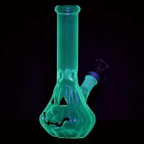 Jack-O-Lantern Glow In The Dark Glass Water Pipe | 9.25" | 14mm F | Colors Vary