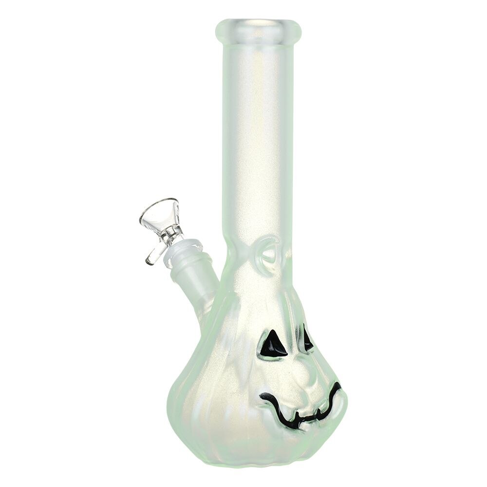 Jack-O-Lantern Glow In The Dark Glass Water Pipe | 9.25" | 14mm F | Colors Vary