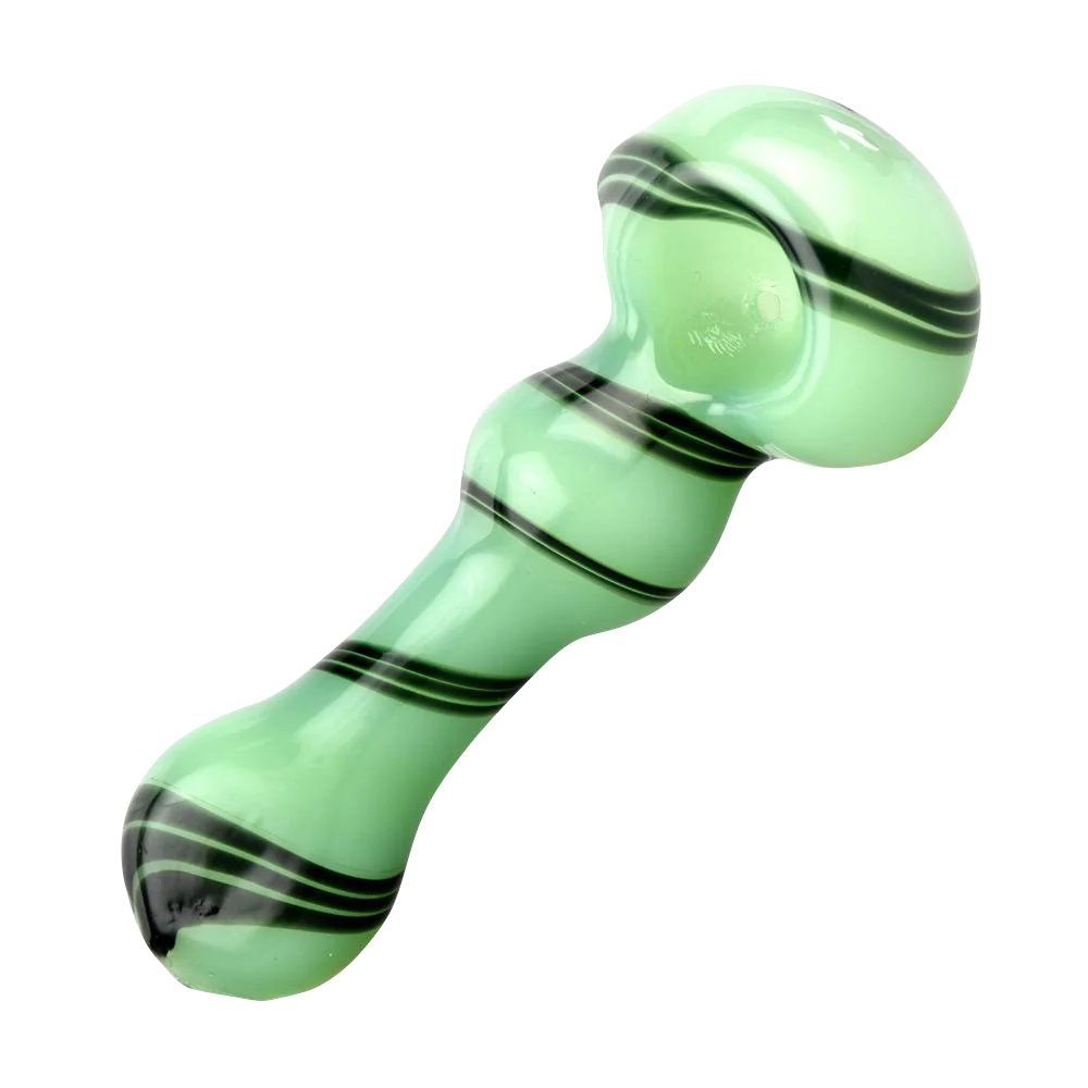 Jade Green Black Swirl Spoon Pipe, 4" Borosilicate Glass, Angled Side View