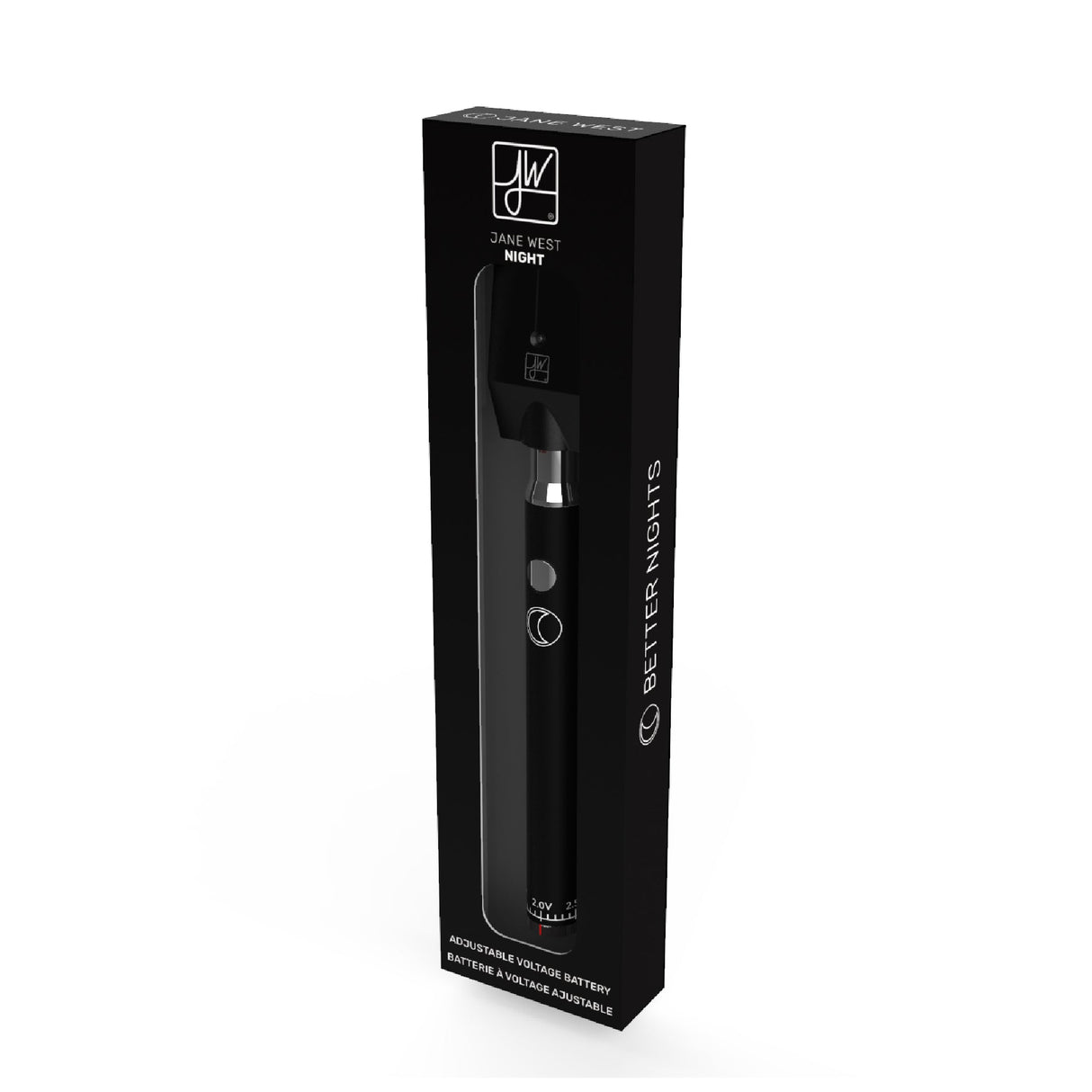 Jane West Night Black 510 Thread Battery, compact design, 650mAh, side view with packaging