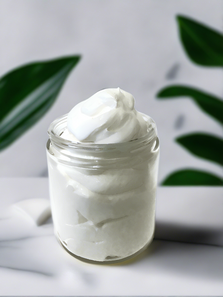 Elite Creed Natural Whipped Body Butter, CBD-infused, front view on marble background