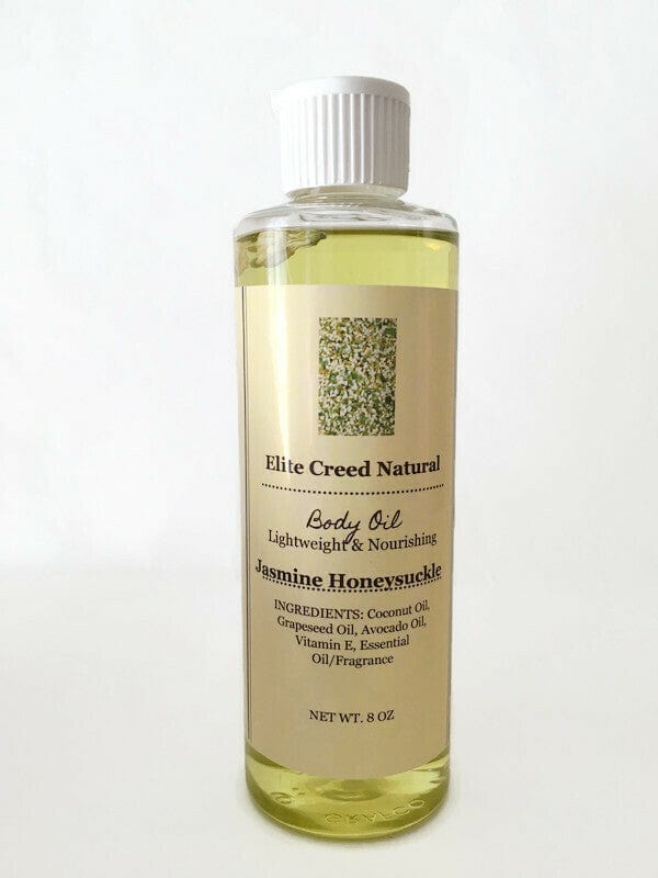 Elite Creed Natural CBD Scented Body Oil, Jasmine Honeysuckle variant, front view on seamless white background