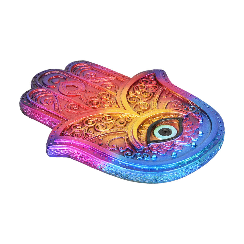 Vibrant Jewel-Tone Ombre Hamsa Incense Burner with intricate designs - 5"x6" top view