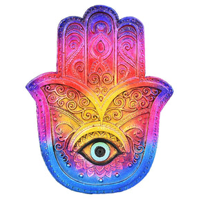 Vibrant Jewel-Tone Ombre Hamsa Incense Burner Front View, Polyresin 5"x6" Design