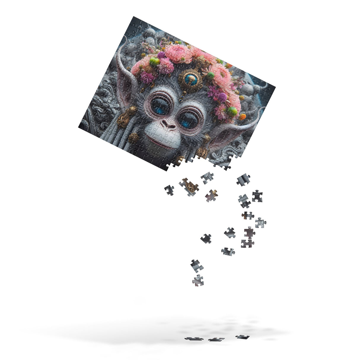 AFM Karma Jigsaw Puzzle partially assembled with whimsical creature design, angled view on white background