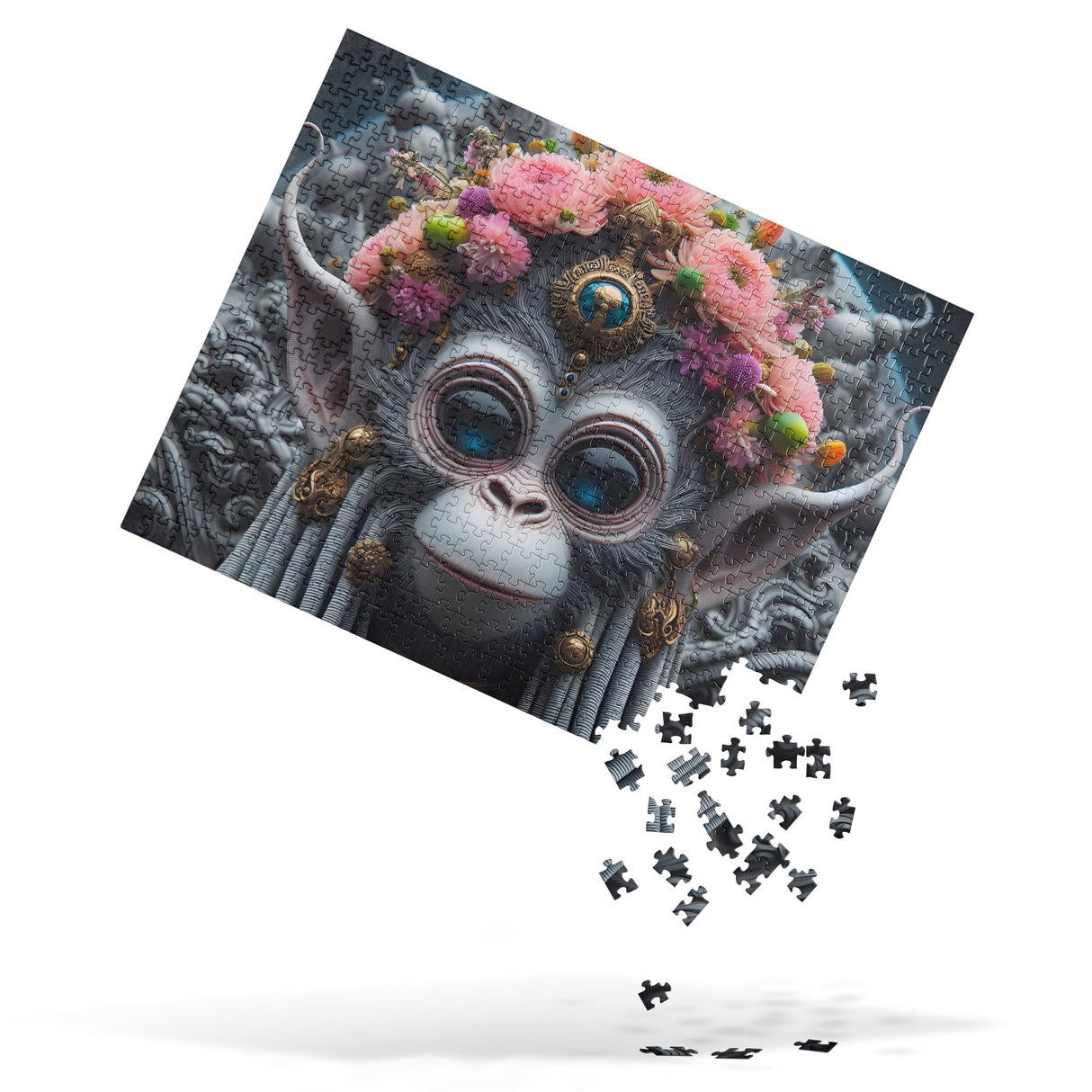 AFM Karma Jigsaw Puzzle with whimsical monkey design, partial assembly shown