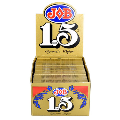 JOB 1.5 Gold Rolling Papers box open with multiple packs visible, front view on white background