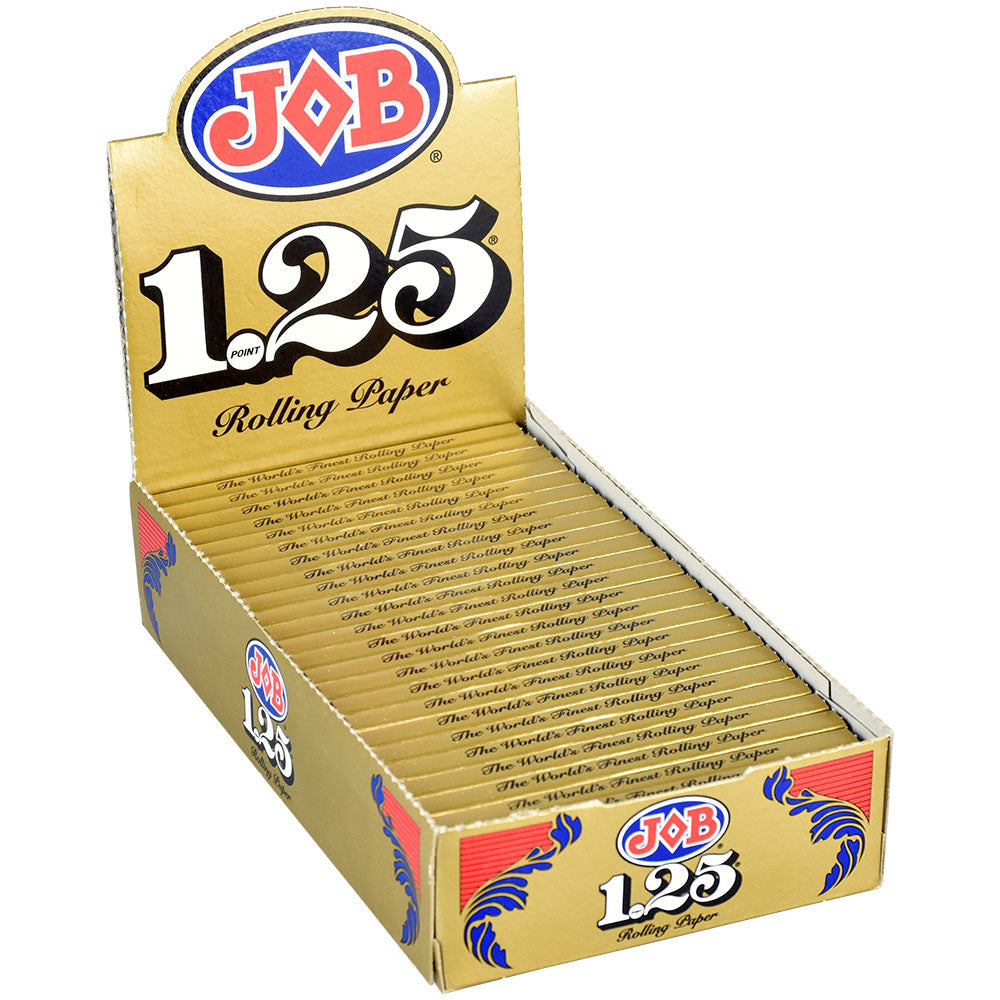 JOB Gold 1 1/4" Rolling Papers box open displaying gold-colored papers