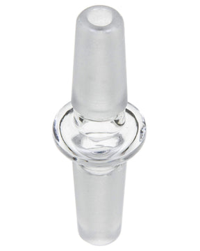 Valiant Distribution clear glass 14mm male joint converter for bongs, front view on white background