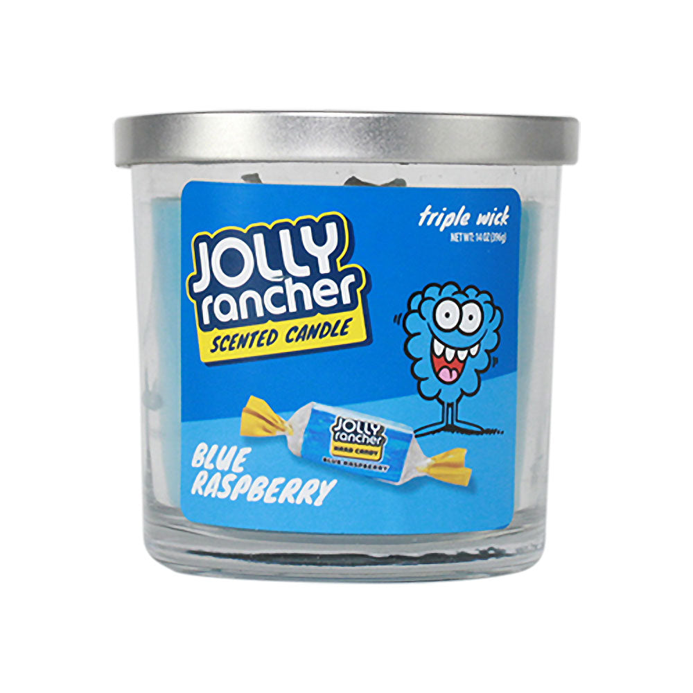 Jolly Rancher Blue Raspberry Scented Candle in clear glass jar, front view with label