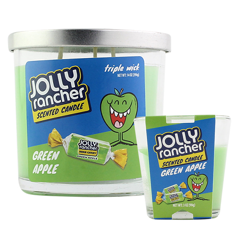 Green Apple Jolly Rancher Scented Candle by Smoke Out Candles, 3 oz size with triple wick, front view
