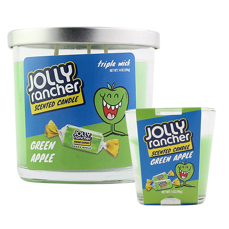 Green Apple Jolly Rancher Scented Candle by Smoke Out Candles, 3 oz size with triple wick, front view