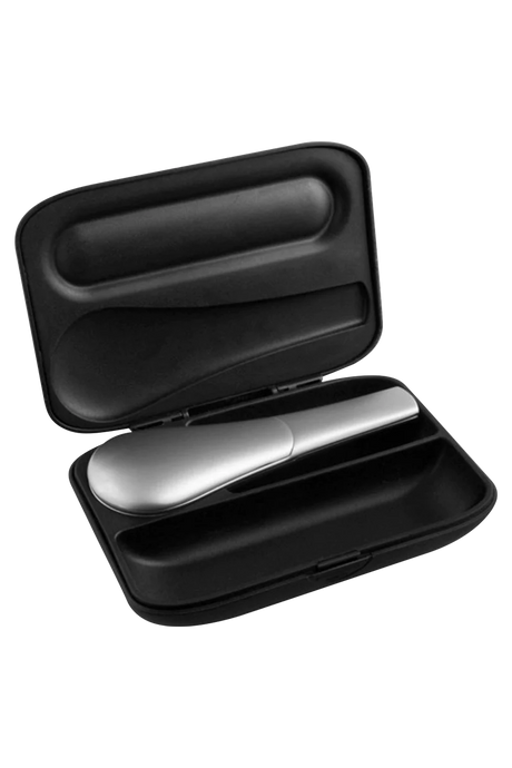 Journey Pipe J3 in silver, compact zinc alloy hand pipe with silicone case, front view
