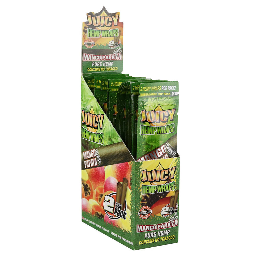 Juicy Jays Hemp Blunt Wraps in Mango Papaya flavor, standard size for dry herbs, front view