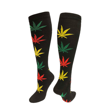 Julietta Hemp Leaves Knee High Socks in Black Rasta, featuring colorful cannabis leaf design