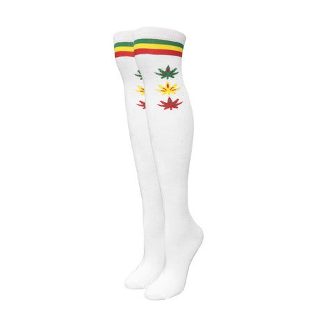 Julietta over-the-knee socks with Rasta stripes and hemp leaves pattern, white variant, front view