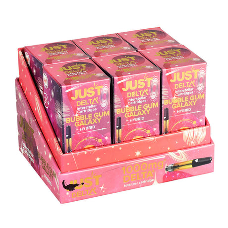 Just Delta 8 Cartridge display with Bubble Gum Galaxy flavor, 1ml 1000mg, angled view