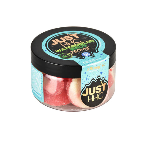 JustDelta Just HHC Gummies 250mg, Watermelon Rings variant in clear jar, front view