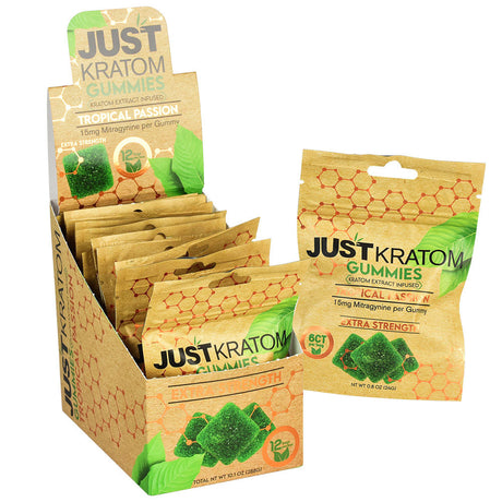 Just Kratom Tropical Passion Gummies display box with 6ct packets front view
