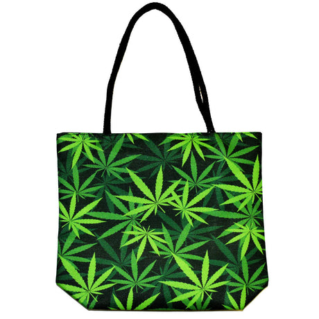 Jute Rope Handled Tote Bag featuring a vibrant hemp leaves pattern, perfect for travel and novelty gift.