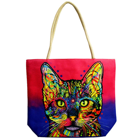 Medium-sized Jute Tote Bag with Psychedelic Cat Design and Natural Rope Handles - Front View