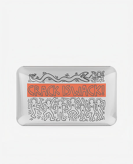 K.Haring Glass Collection Rolling Tray with 'CRACK IS WACK' design, front view on white background