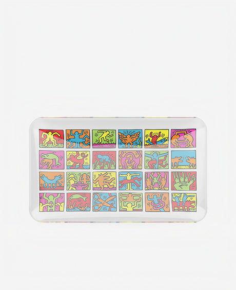 K.Haring Glass Collection rolling tray with vibrant graffiti artwork, front view on white background
