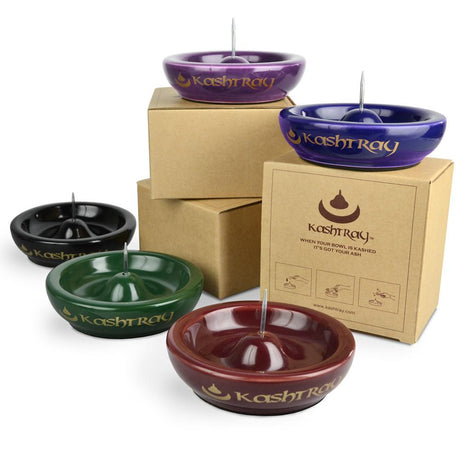 Assorted Kashtray Original Ceramic Ashtrays with Cleaning Spike, 4.5" size, displayed with packaging