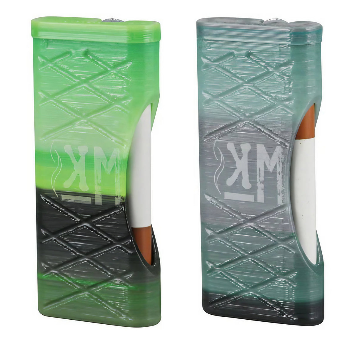 Kayd Mayd 3D Printed Dugout with Taster in green, front and back view, portable design for dry herbs