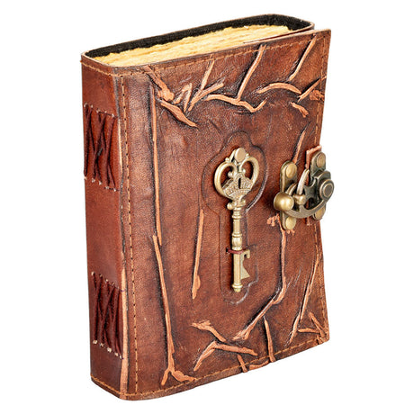 Embossed Leather Journal with Metal Key Accent, 5"x7" size, angled view on white background