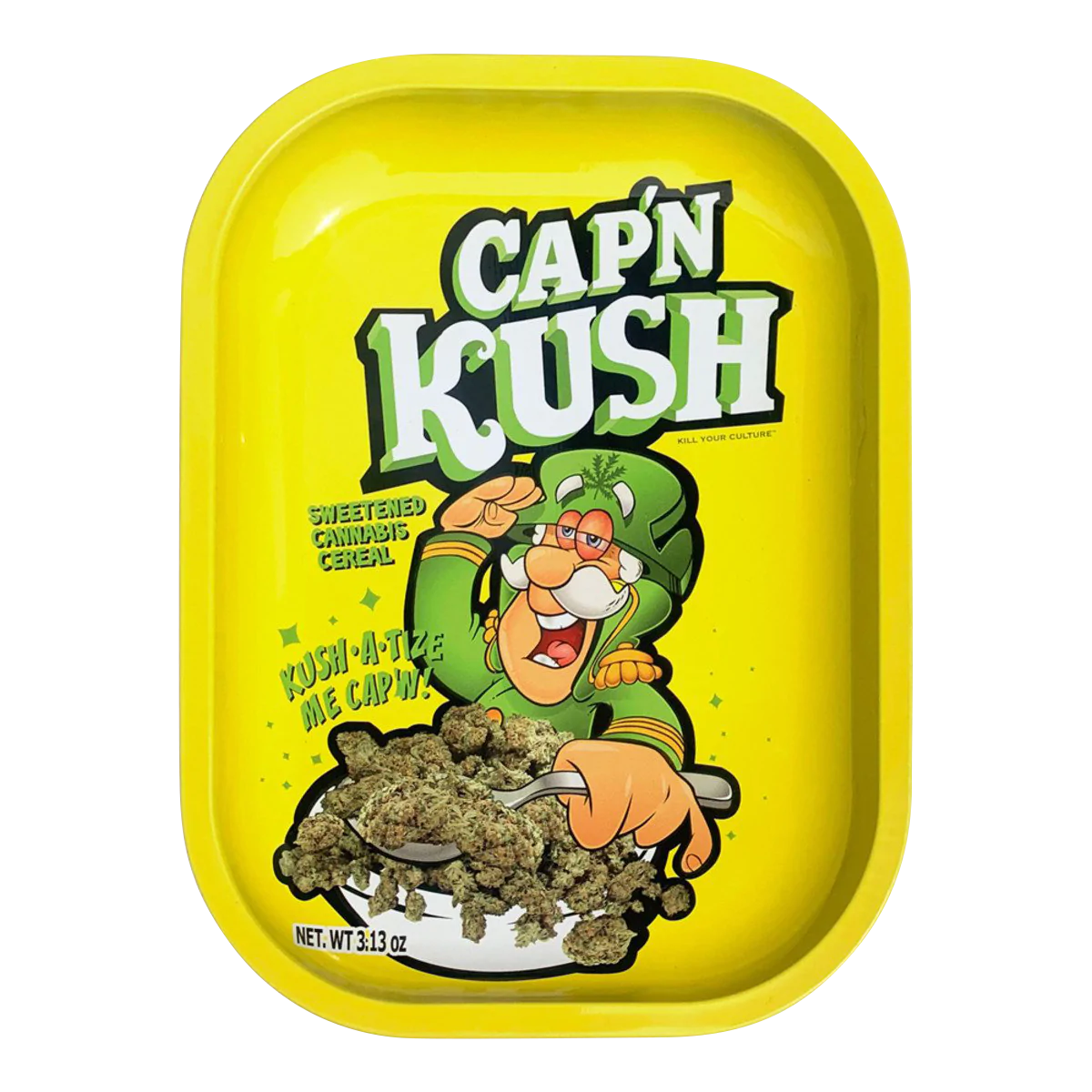 Kill Your Culture 'Cap 'N' Kush' Metal Rolling Tray - 5.5" x 7" Front View