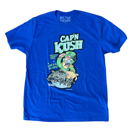 Kill Your Culture Cap'N Kush T-Shirt in blue, front view on white background, unisex cotton tee