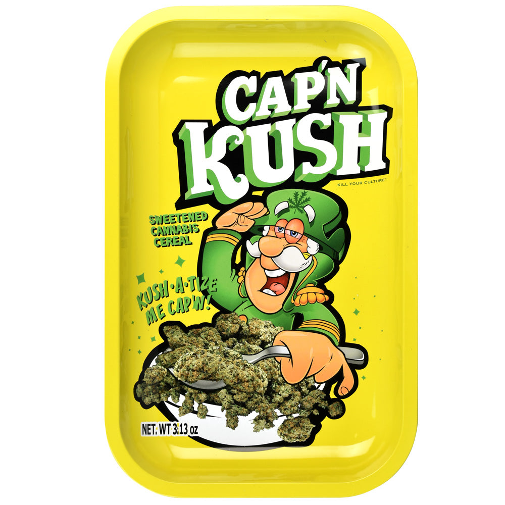 Kill Your Culture Cap N' Kush large rolling tray with colorful cereal-themed graphics, front view