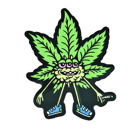 Killer Acid Bud Buddy Die Cut Vinyl Sticker, 4.5" x 5.5", vibrant green cannabis leaf character