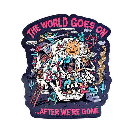 Killer Acid Die Cut Vinyl Sticker with vibrant, colorful 'The World Goes On' design, 4.25" x 5" size, front view