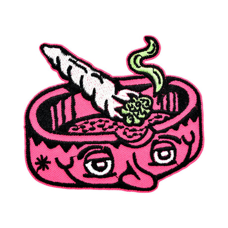 Killer Acid Embroidered Iron-On Patch featuring a whimsical ashtray design, 3.25" x 2.75", on white background