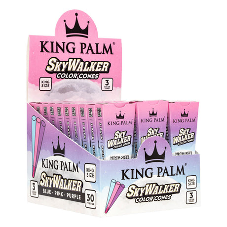 King Palm SkyWalker Color Pre-Rolled Cones display box with blue, pink, and purple variants